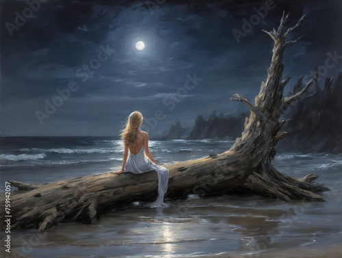 lonely woman sitting on the beach at night