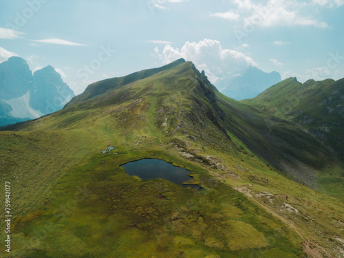 Scenic aerial view of alpine lake in mountains 
