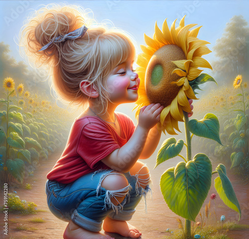 A young girl with blonde hair tied up in a messy bun is gently touching a large sunflower while smiling affectionately at it. The background is a blurred sunflower field.