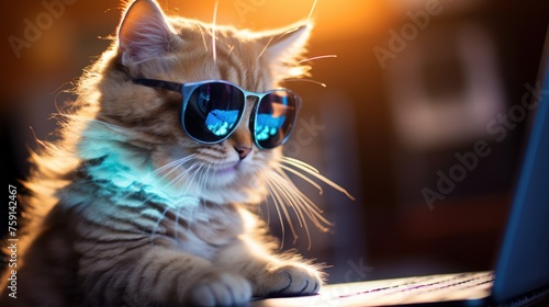 A red cat in sunglasses works at a laptop.