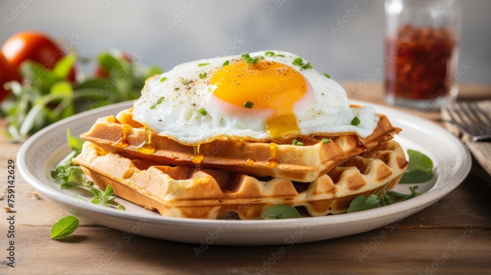 Viennese waffle with poached egg breakfast on white kitchen background, morning meal concept