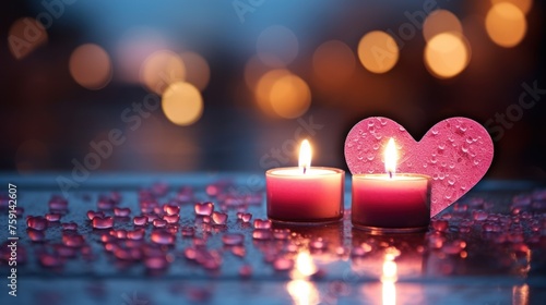 Romantic illumination: soft flickering candles against a background of blurred lights, setting the scene for a love-filled Valentine's Day celebration. photo
