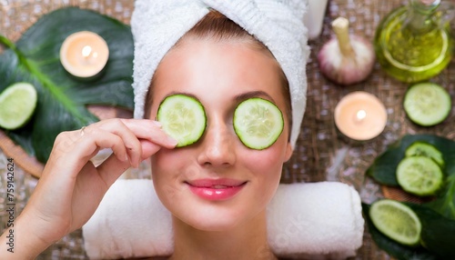 Generated image of woman in spa with cucumber slices on her eyes