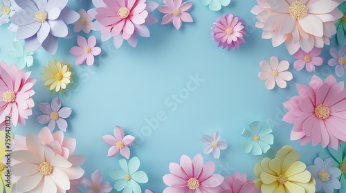 Pastel colored paper flowers on light blue backdrop for spring decorations. Handmade paper floral designs for DIY crafts and home decor.