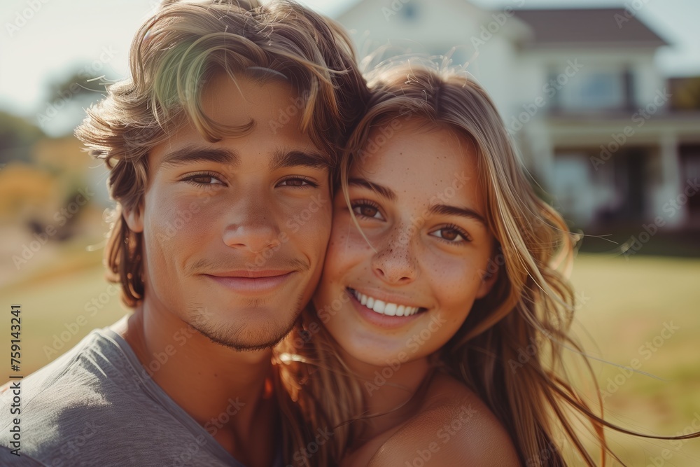 A happy man and woman smiling in front of house, enjoying leisure travel fun A happy man and woman smiling in front of house, enjoying leisure travel fun