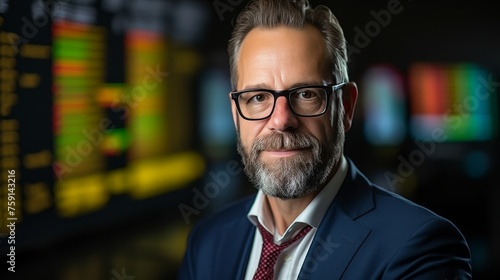 Professional middle-aged businessman in formal suit analyzing stock market trends on screens