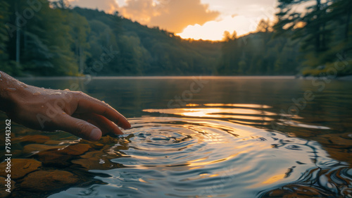 Fototapeta Naklejka Na Ścianę i Meble -  Image of a hand touching lake water at sunset