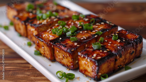 Grilled tofu with sesame and scallions.