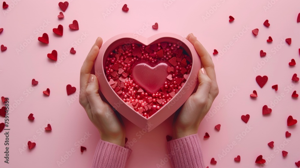 Top view of a female open red heart in a gift box with tiny hearts around