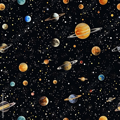 Space pattern with seamless planets and stars  black background. Space pattern vector illustration.