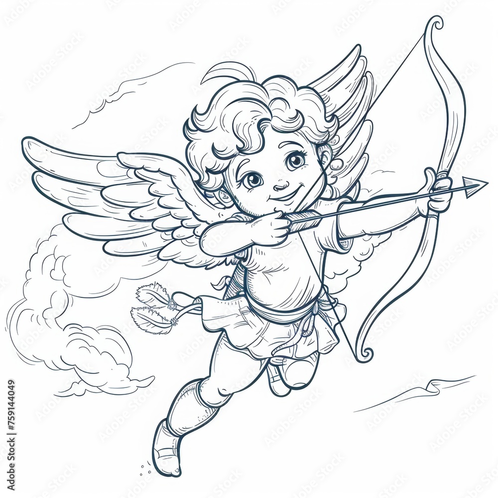 Fototapeta premium Cute Cupid angel with bow and arrow symbolizing love