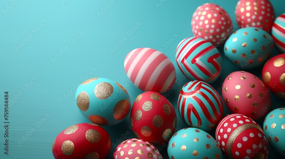 a pile of red, blue, and gold decorated easter eggs on a blue and green background with gold polka dots.