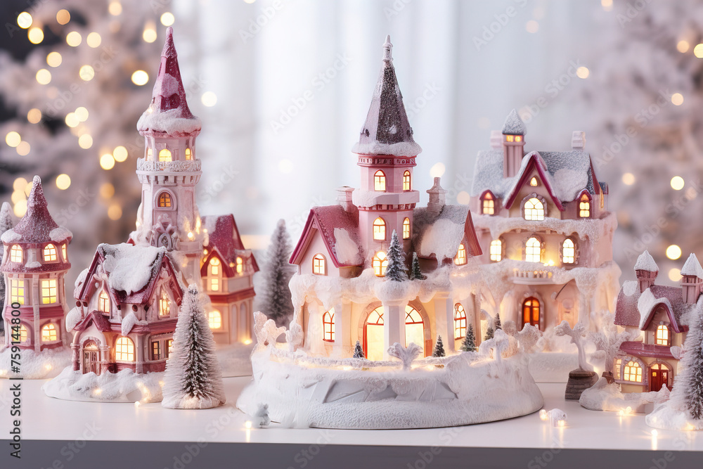 miniature toy city in winter with festive vibe.