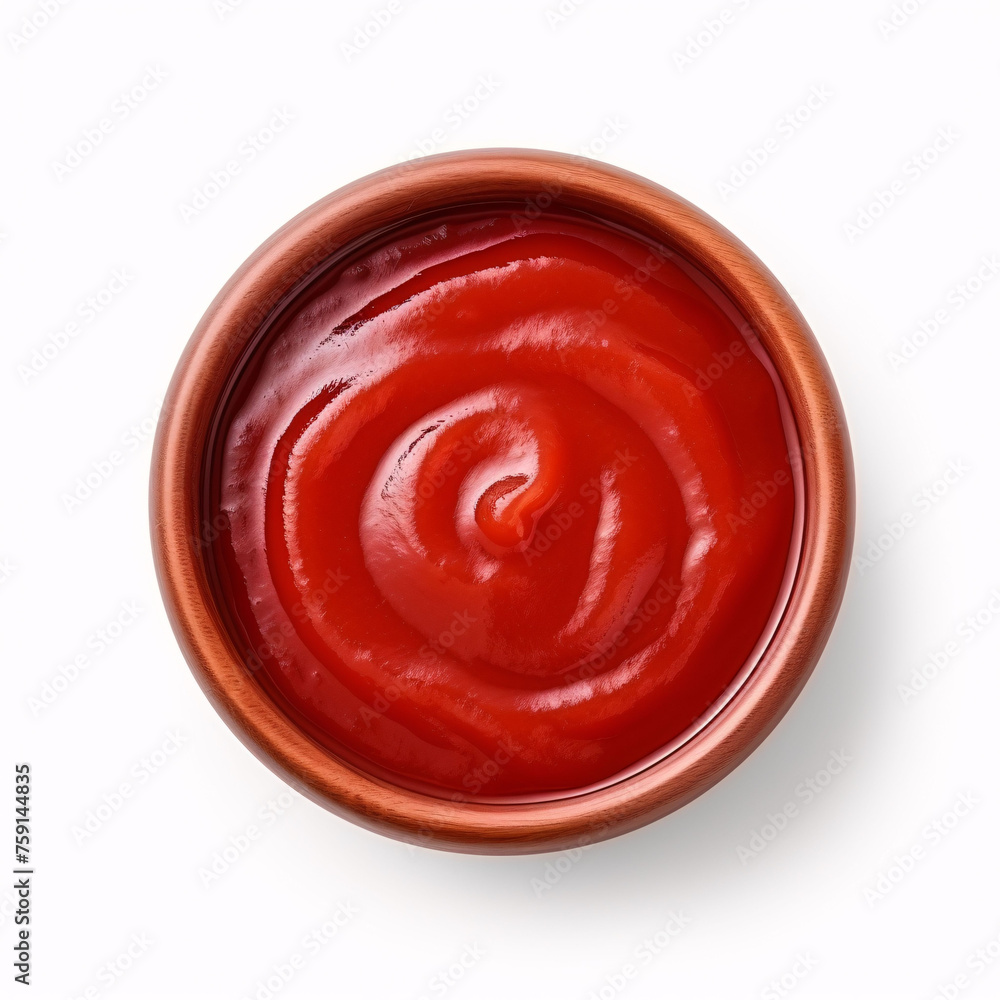 Bowl of ketchup or tomato sauce isolated on white background, top view