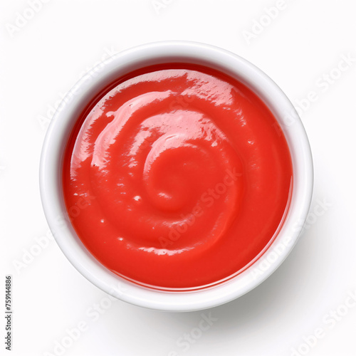 Bowl of ketchup or tomato sauce isolated on white background, top view
