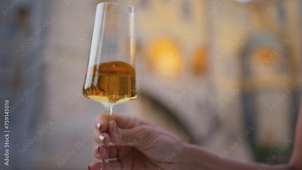 Unrecognizable girl holding wineglass with luxurious alcohol beverage close up.