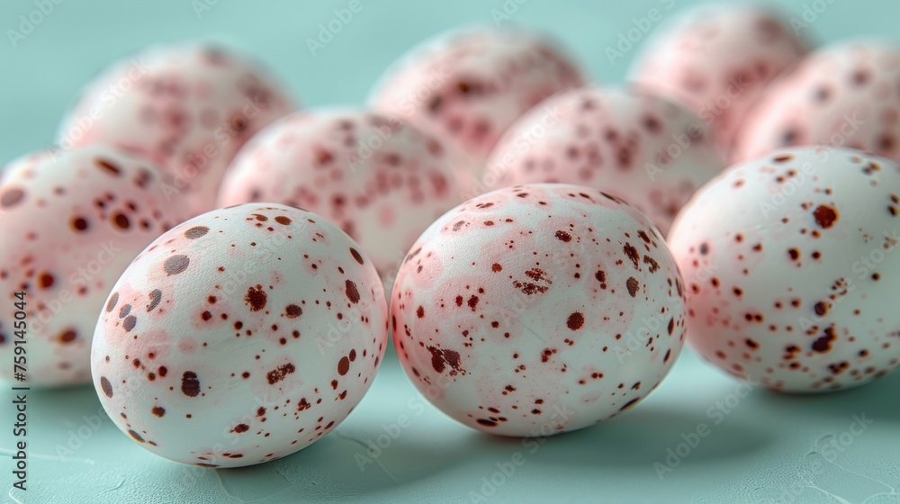 a group of speckled eggs sitting next to each other on a light blue surface with other speckled eggs in the background.