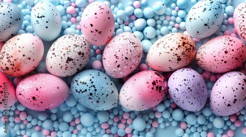 a group of speckled eggs sitting on top of blue and pink confetti covered in sprinkles.