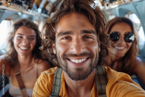 Happy tourists couple taking selfie sitting inside airplane