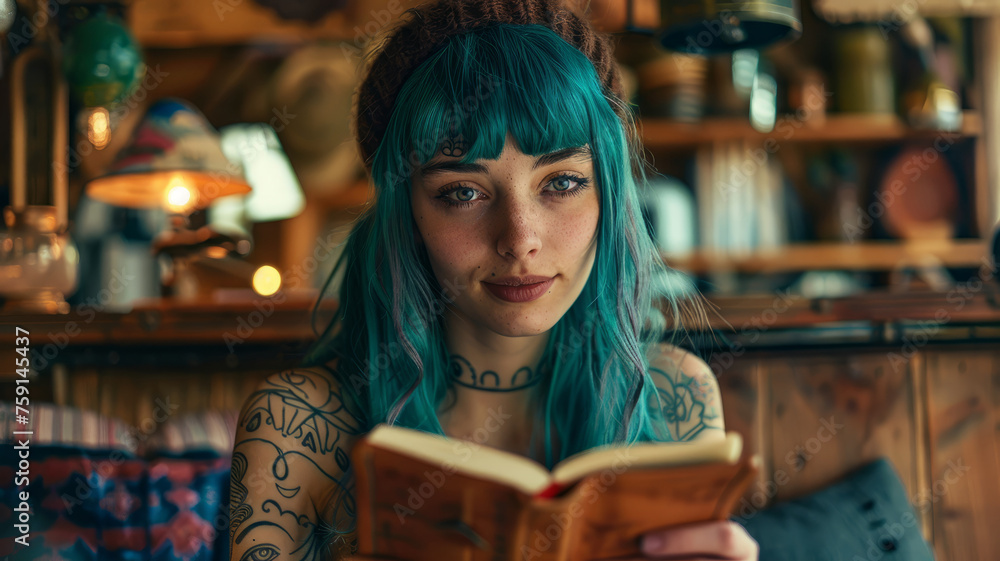 Young woman reading a book indoors