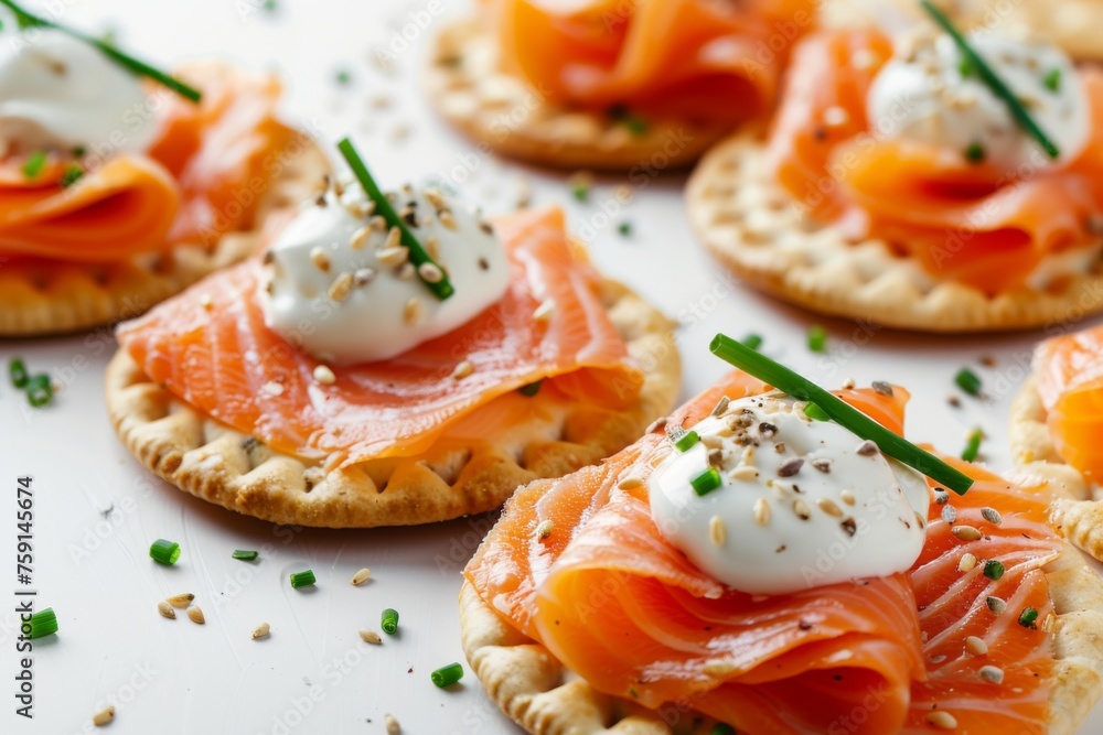 salmon and crackers with sour cream and chives against a white backdrop salmon and crackers with sour cream and chives against a white backdrop