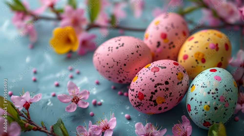 a group of painted eggs sitting on top of a blue surface next to pink flowers and a branch of a tree.