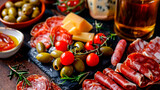 Slicing beautiful snacks, sausages, cheese, olives, tomatoes. Selective focus.