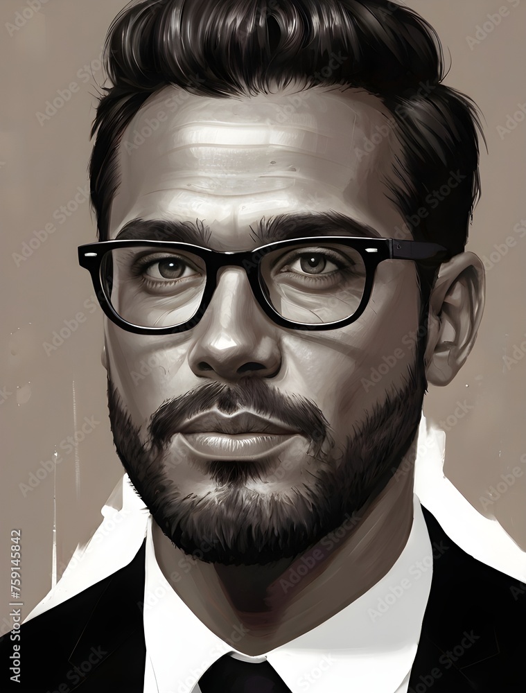Digital painting of a handsome man with glasses. Generative AI Digital painting of a handsome man with glasses. Generative AI
