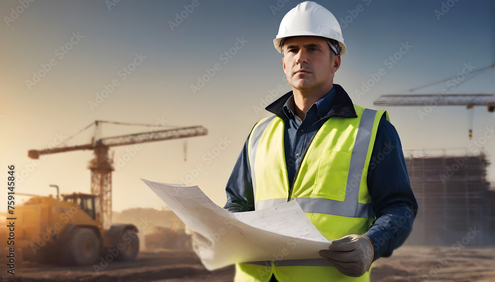 Young Engineer working on a construction site holding blueprints
Young Engineer working on a construction site holding blueprints