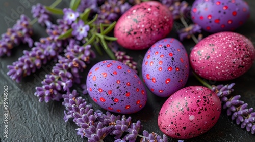 a bunch of purple speckled eggs sitting on top of a table next to a bunch of lavender sprinkled eggs. photo