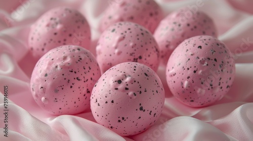 a pile of pink bath bombs sitting on top of a pink satin covered table cloth with black speckles.