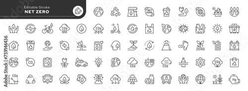 Set of line icons in linear style. Series - Net zero. Carbon, green energy and recycling. Green Planet.Outline icon collection. Conceptual pictogram and infographic.