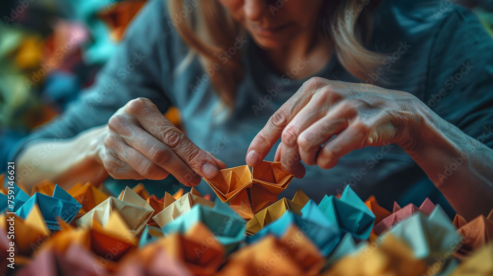Woman folding colorful origami paper. - obrazy, fototapety, plakaty 