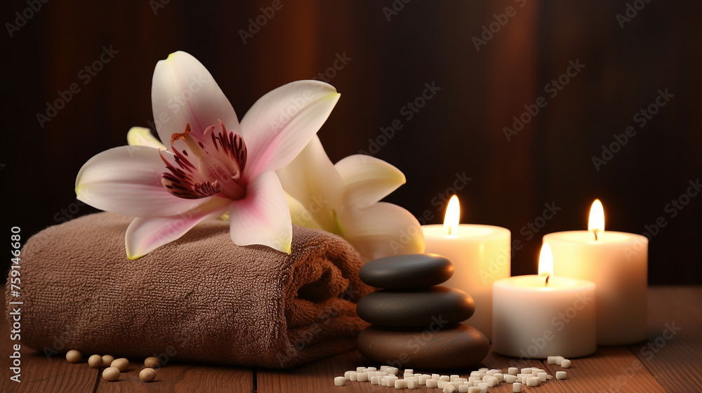Spa concept Towel candles and black hot stone Beauty spa treatment and relax on brown background Spa concept Towel candles and black hot stone Beauty spa treatment and relax on brown background