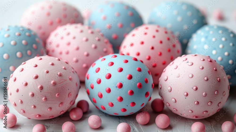 a group of pink and blue balls sitting next to each other on top of pink and blue sprinkles.