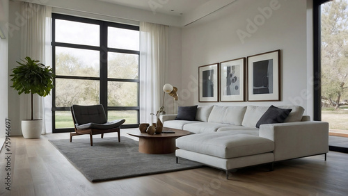 Modern Living Room with Sectional Sofa  Coffee Table  Chairs  and Art Painting