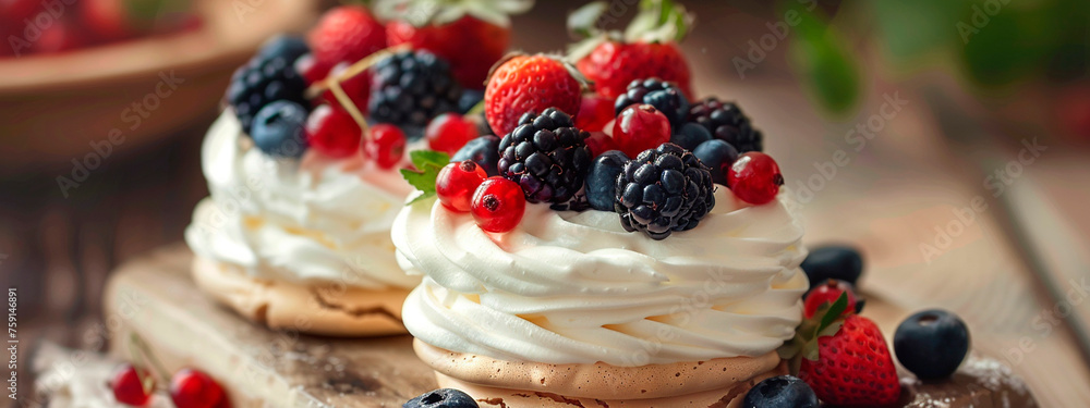 Pavlova dessert with berries. Selective focus. Pavlova dessert with berries. Selective focus.