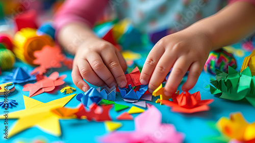 Child's hands playing with paper crafts.