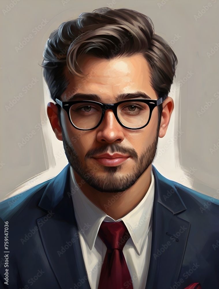 Digital painting of a handsome man with glasses. Generative AI Digital painting of a handsome man with glasses. Generative AI