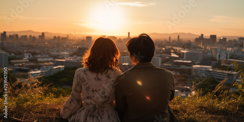 A romantic couple just in love sitting on a mountain and watching city view 