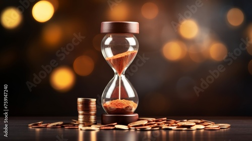 Hourglass filled with coins, symbolizes long-term investment strategy and financial planning
