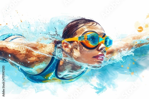 Illustration of an athlete woman swimmer in the water on a white background, swimming competition