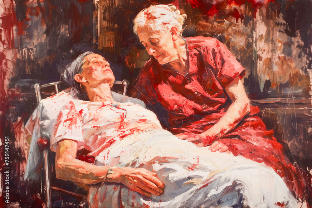 Obraz premium A dying woman with nurse, illustration