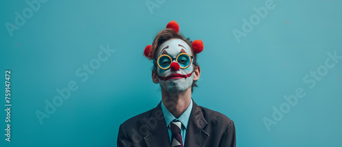 person with clown make up and red clown nose on a blue background