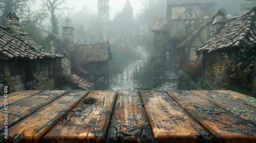 The corner of a sturdy oak table, with the hazy backdrop of a rainy European cobblestone street. Melancholic charm