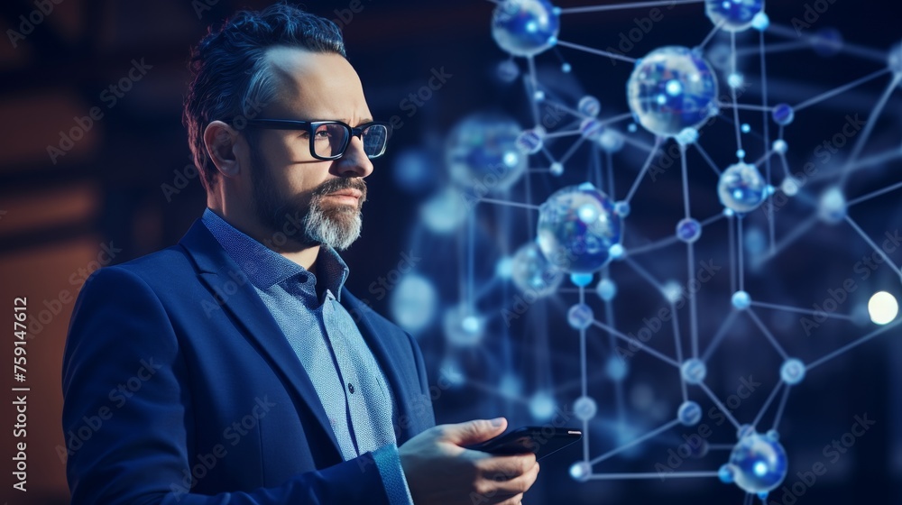 Digital innovation and future technology concept with man interfacing data network Digital innovation and future technology concept with man interfacing data network