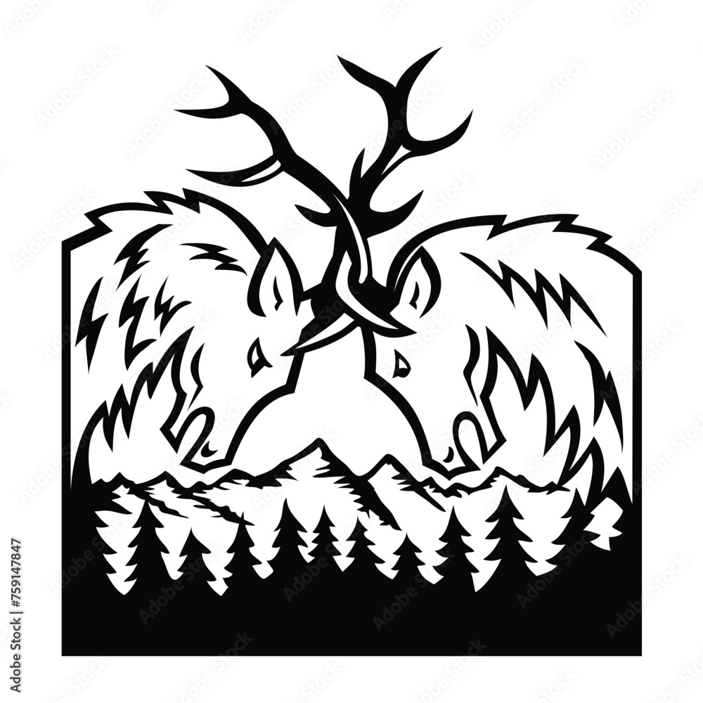 Retro illustration of two head of bull elk, Cervus canadensis or wapiti fighting in Rocky Mountain National Park, Colorado, United States on isolated background in black and white.
