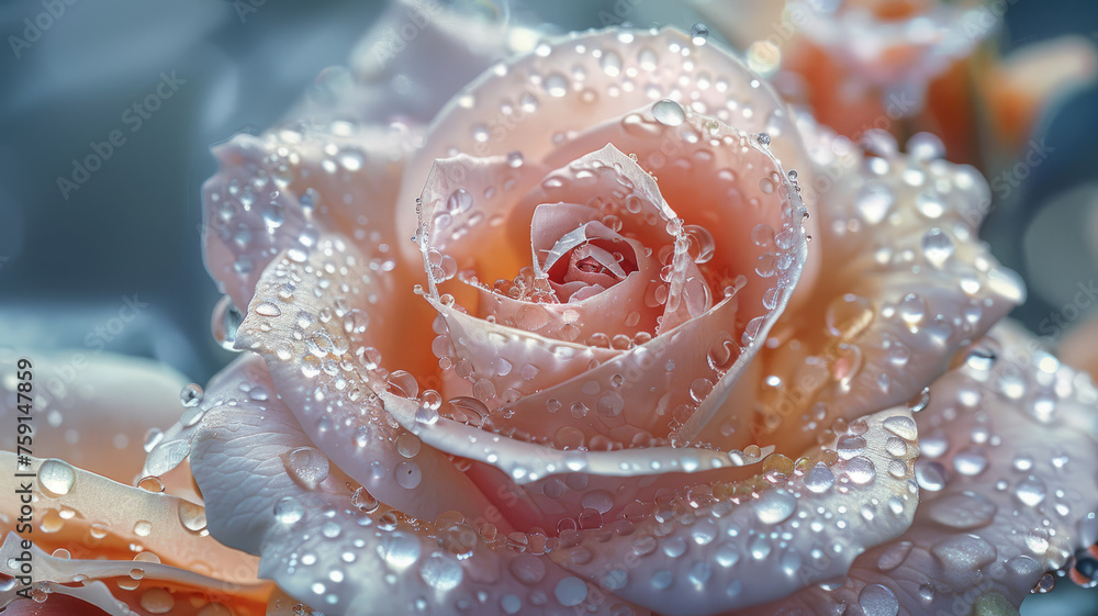 A close-up of a dew-covered pink rose. A close-up of a dew-covered pink rose.