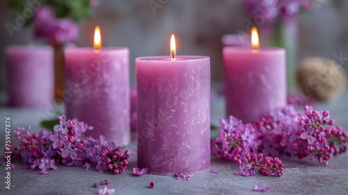 a group of three purple candles sitting next to each other on top of a table next to a bunch of purple flowers.