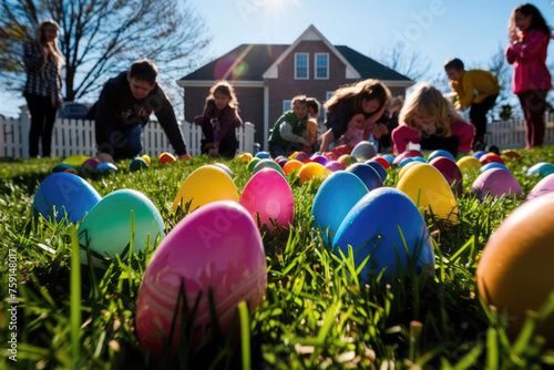 Group of children during an Easter egg hunt in the garden of a house © BreizhAtao